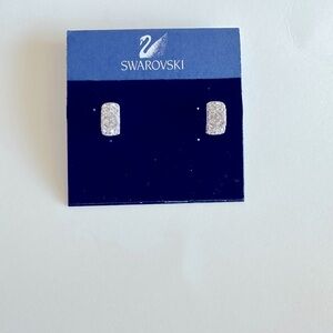 Vintage Swarovski Crystal Pave Pierced Earrings Half Hoop Swan Logo Signed